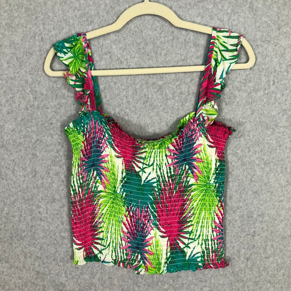 Rose Olive Tank Top Womens Medium Ruffle Crop Tropical Festival Coconut Hawaiian